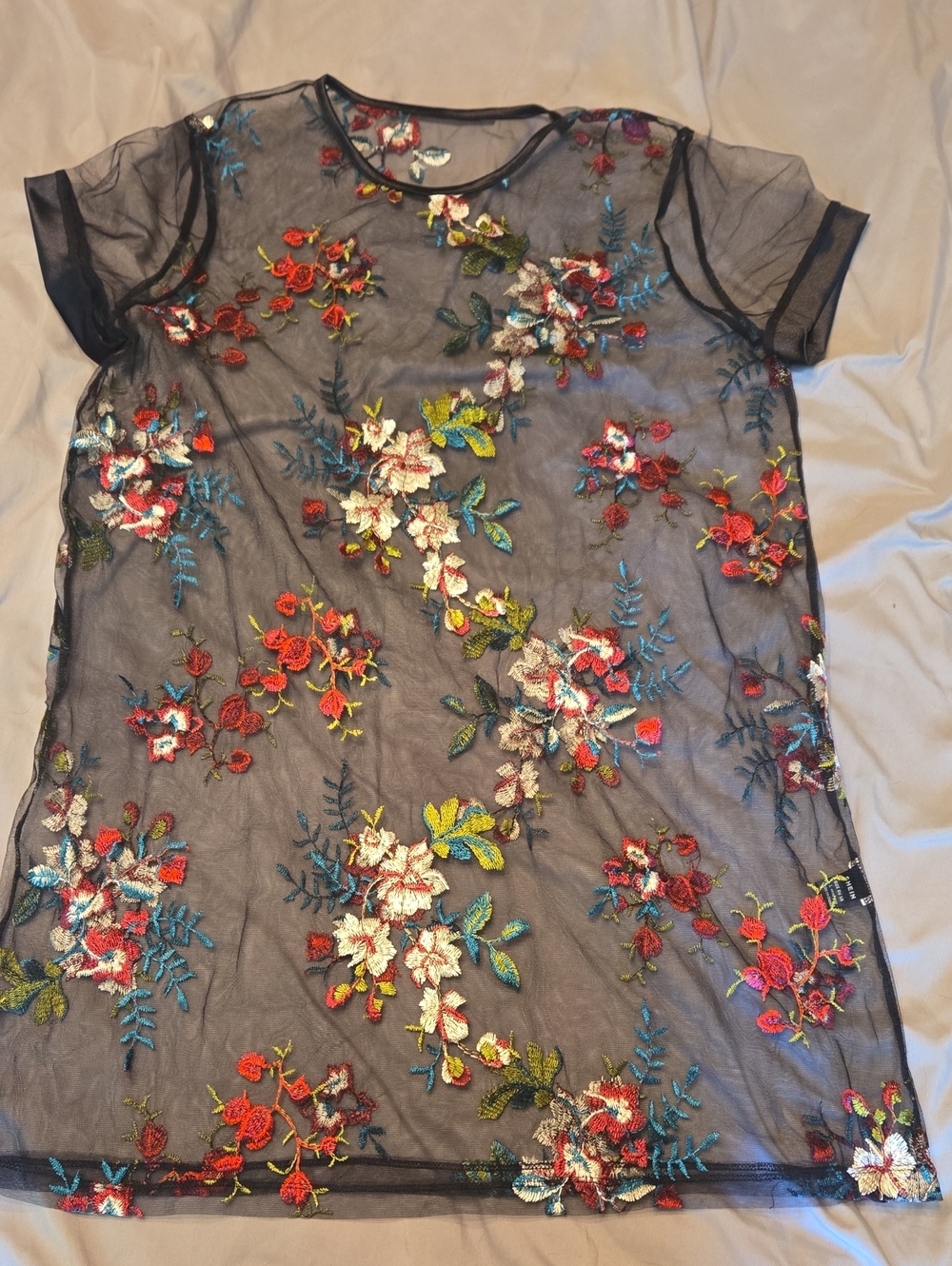 SHEIN Navy Sheer Mesh Floral Embroidered Swim Coverup